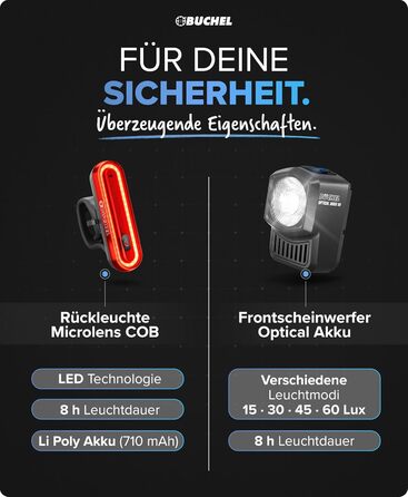 Набір велосипедних ліхтів BÜCHEL: LED, USB-C, 8 годин роботи, 4 режими, StVZO, монтаж без інструментів