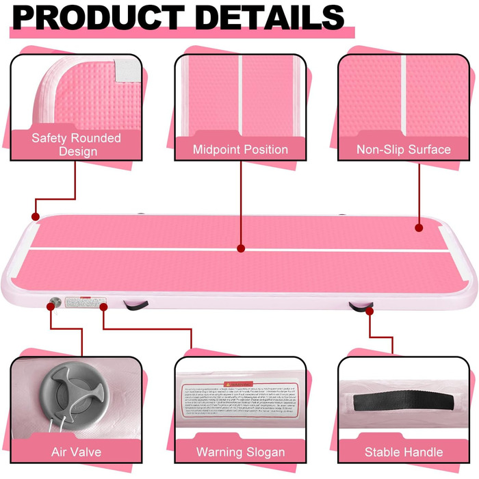 Гімнастичний надувний мат (килимок) 2м/3м/4м/5м/6м, 10см, для фітнесу, йоги, танців, рожевий, з насосом, для дому