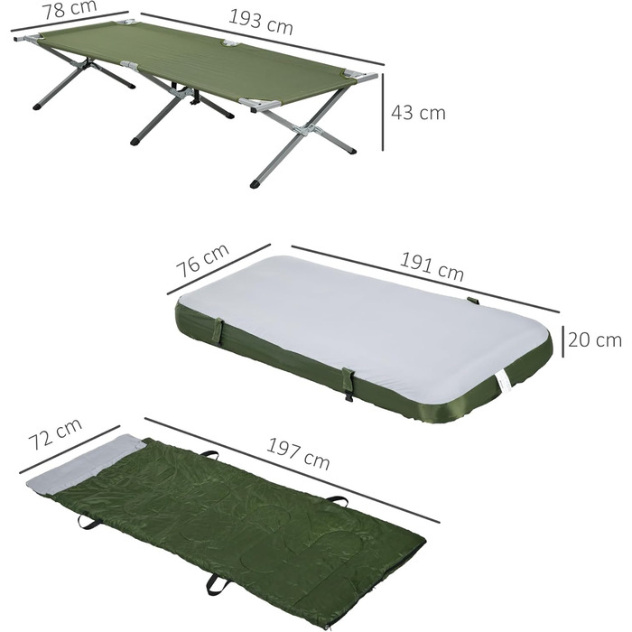 Кемпінгове ліжко Outsunny розкладне з матрацом та подушкою, 193x78 см, до 120 кг, для відпочинку на природі