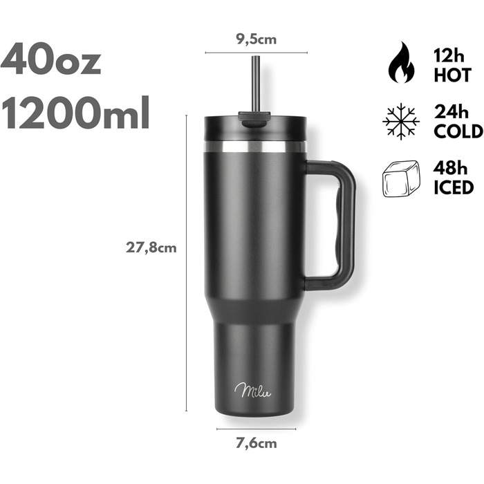Термокухоль Milu 1200 мл з соломинкою та ручкою, нержавіюча сталь, 40oz, чорний - ізольована пляшка для напоїв на 48 годин холодного/24 години холодного/12 годин гарячого
