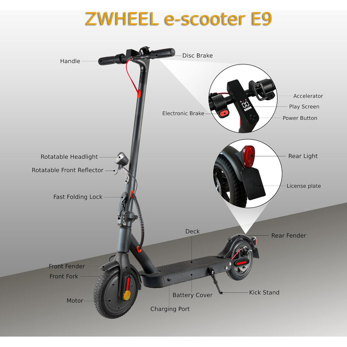 Електросамокат ZWHEEL E9 2023 для доріг з ABE, 350-400Вт, 30км, рекуперація, 8.5'' надувні колеса, амортизація, для дорослих, до 120кг