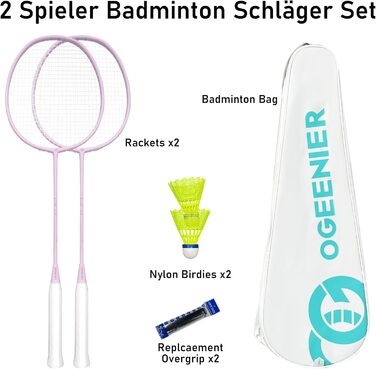 Набір для бадмінтону OGEENIER: 2 ракетки, обмотка, 2 волани, 1 ракетка з сумкою (білий, рожевий, 3 1/4 дюйма)
