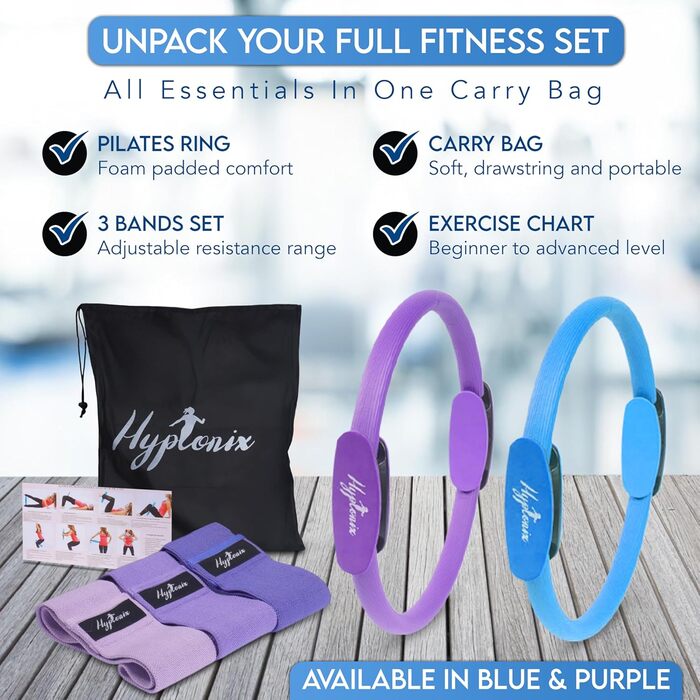 Пілатес-кільце Hyptonix з еластичними стрічками для силових тренувань, фітнесу та реабілітації, повний комплект з сумкою для зберігання (блакитне)