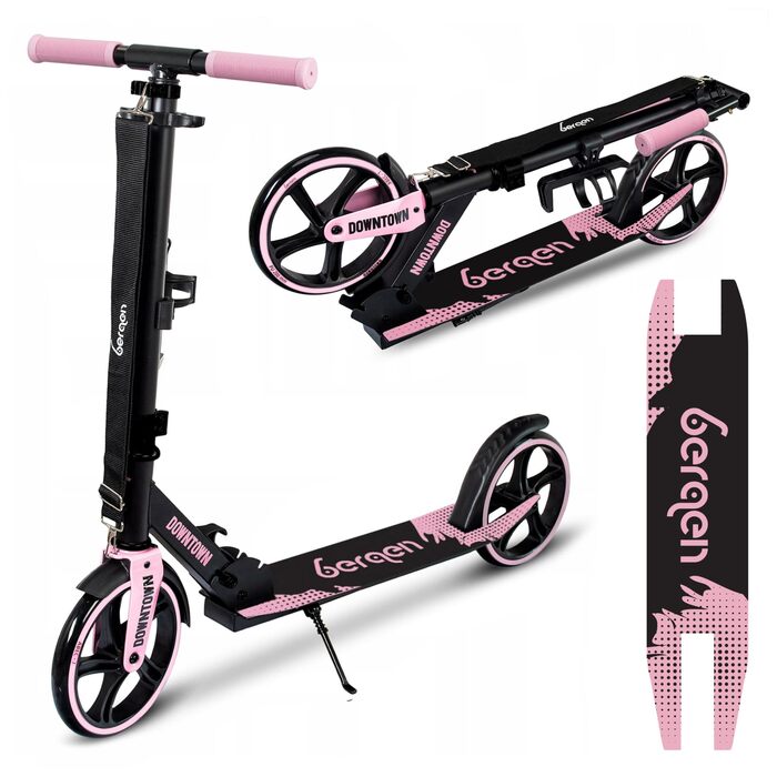 Самокат міський Bergen City Scooter Downtown, алюмінієвий, складаний, 3.3 кг, колеса 200 мм, регульована висота, для дітей від 6 років, підлітків та дорослих до 100 кг, чорний/рожевий