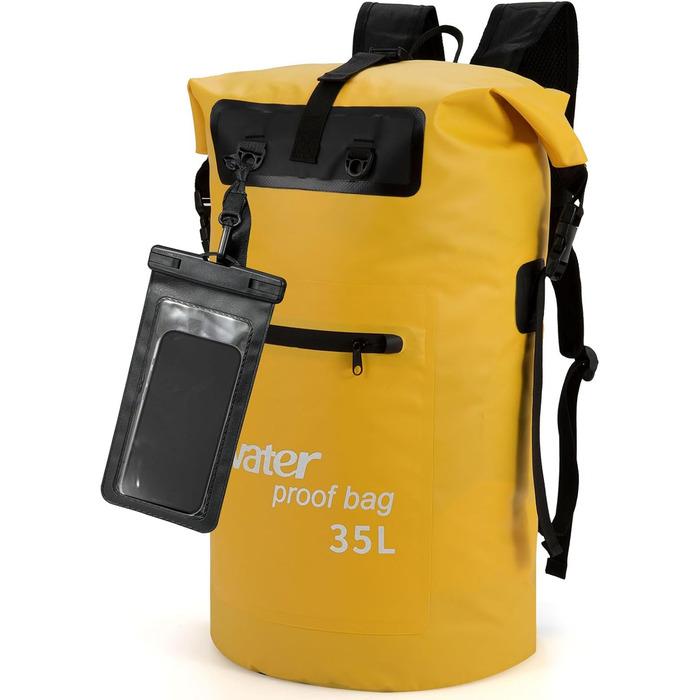 Водонепроникний рюкзак WELDUN 50L Rolltop Dry Bag з IPX8 чохлом для телефону, 35L, для каякінгу, кану, кемпінгу, трекінгу, хайкінгу, вітрильного спорту та інших водних видів спорту (Жовтий)