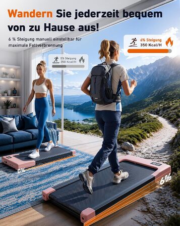 Бігова доріжка DeerRun Walking Pad з нахилом 6% для дому та офісу, компактний тренажер під стіл з LED-дисплеєм, керуванням через додаток та пультом, макс. навантаження 136 кг (Персиковий рожевий)