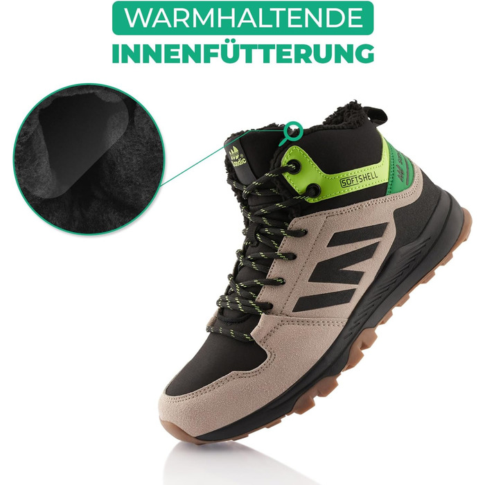 Черевики для ходьби жіночі та чоловічі, зимові, утеплені, Softshell, 43 EU, Бежевий, Чорний, Зелений