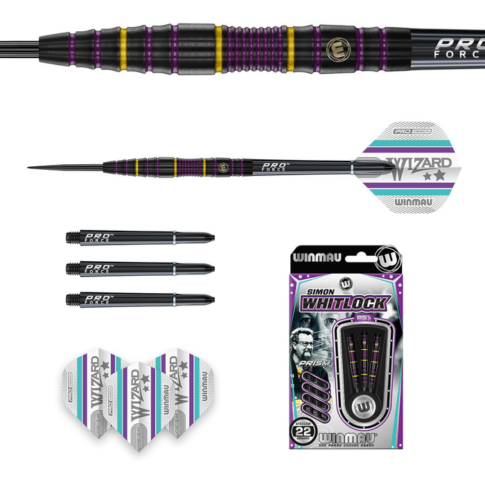 Дротики WINMAU Simon Whitlock 85% Pro-Series 22г з оперенням і стрижнями, професійний набір для дартсу