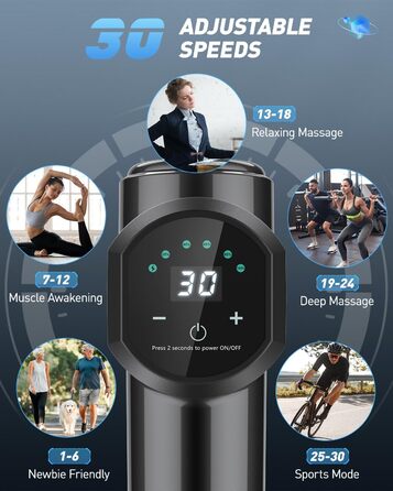 Масажний пістолет EKUPUZ, 30 швидкостей, 6 насадок, для м'язів, з USB-C, для шиї, спини, плечей, чорний