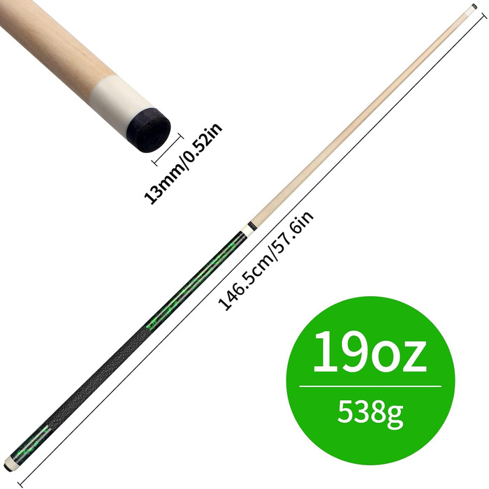 Професійний кий для більярду та пула Kmise з канадського клена, 147.7 см, 19oz, зелений