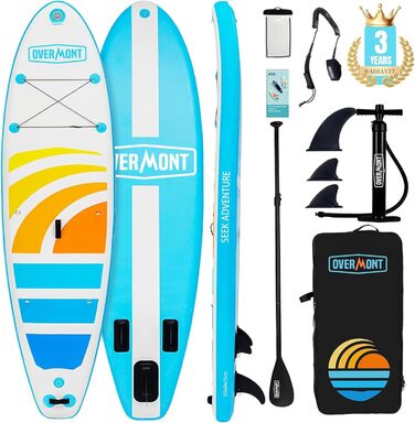 Надувний SUP Борд Overmont - Комплект для Stand Up Paddle Boarding з аксесуарами: весло, насос, фініс, страховка, рюкзак (триколірний)
