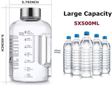 Спортивна пляшка для води VENNERLI 2,5 л з ручкою та маркуванням часу. Безпечна, для спортзалу, фітнесу, офісу, дому (Чорний) (2,2л Прозора)