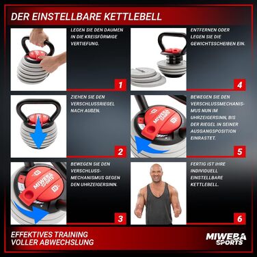 Регульована гиря Miweba Sports KB300 3,5-18 кг для фітнесу, Easy Lock, універсальна для тренувань у приміщенні та на вулиці