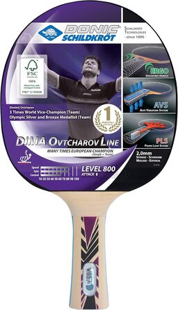 Настільний тенісний ракетка Donic-Schildkröt Ovtcharov 800 FSC, AVS, PLS, ергономічна ручка, 2,0 мм губка, FSC дерево, ITTF покриття, універсальний розмір