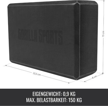Блок для йоги та пілатеса GORILLA SPORTS, EVA-піна, протиковзкий, 23,5 x 15 x 8 см, чорний