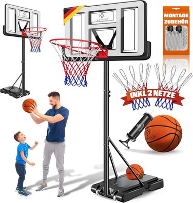 Баскетбольний кошик KESSER® Outdoor зі стійкою та колесами. В комплекті 2 сітки, м'яч та насос. Регульована висота 230-305 см. Підходить для дітей та дорослих.