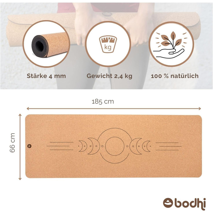 Йога-мат з корку та натурального каучуку bodhi 4 мм, екологічний, нековзний, для хот-йоги, 185x66 см, різні мотиви