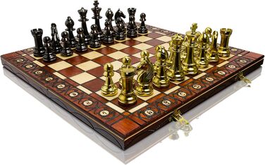 Шаховий набір Staunton 40см, фігури з металізованого пластику, дерев'яна шахівниця, фігури з металевим навантаженням, жовтий колір