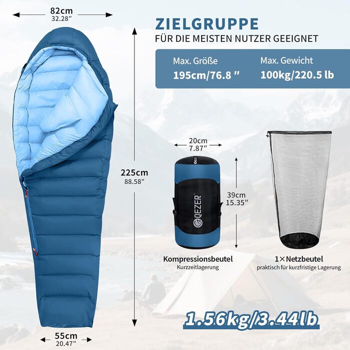 Спальний мішок Daunenschlafsack: теплий зимовий спальник з гусячим пухом 650 fill power, RDS-сертифікований. Діапазон температур: від 8°C до -30°C. Ідеально підходить для кемпінгу та альпінізму. Чорний (-10°C), Синій (-3°C)