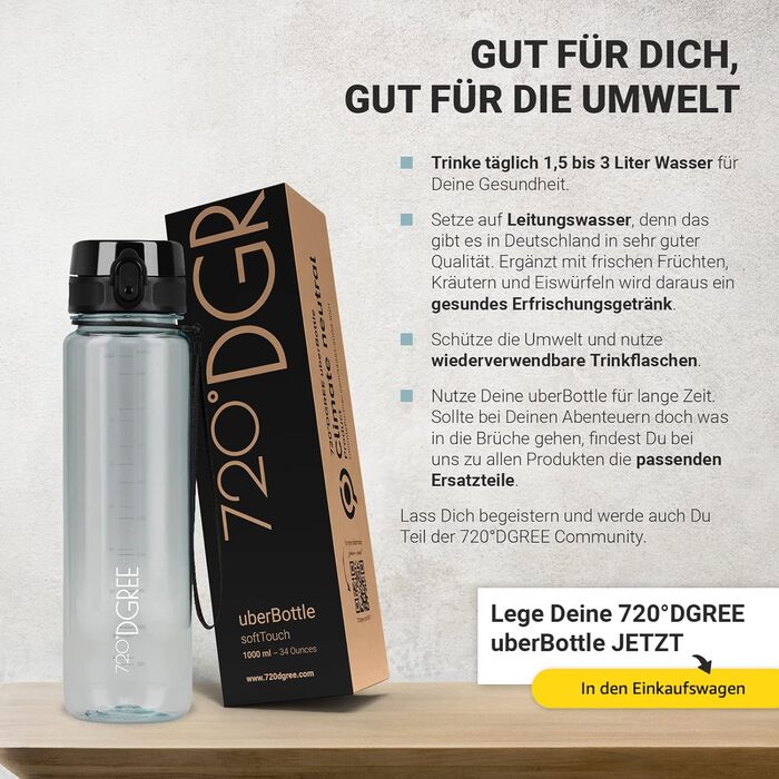 Пляшка для води 720°DGREE uberBottle 1,5 л з контейнером для фруктів, BPA-free, тританова, не протікає, для спорту, фітнесу, туризму, прозора, синя
