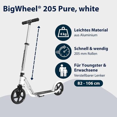 HUDORA BigWheel Pure Scooter: Скутер з алюмінієвої рами, регульованої висоти, складний, до 100 кг, для підлітків та дорослих (білий)