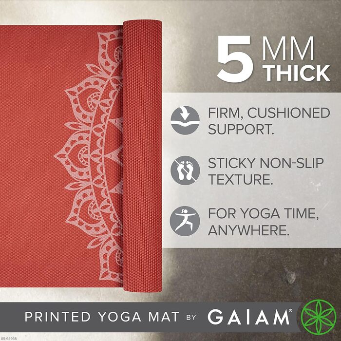 Йога мат Gaiam, 5 мм, неслизький, для йоги, пілатесу та тренувань на підлозі, розмір 172.7 x 61 x 5 мм, колір Sunburnt Marrakesch