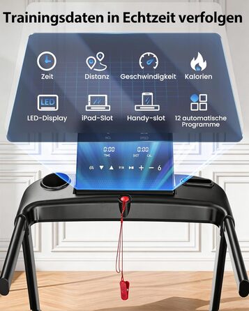 Складана бігова доріжка для дому та офісу з автоматичним нахилом 15%, двигун 3.0 к.с. (до 14 км/год), LED-дисплеєм та 12 програмами, макс. навантаження 136 кг, чорна