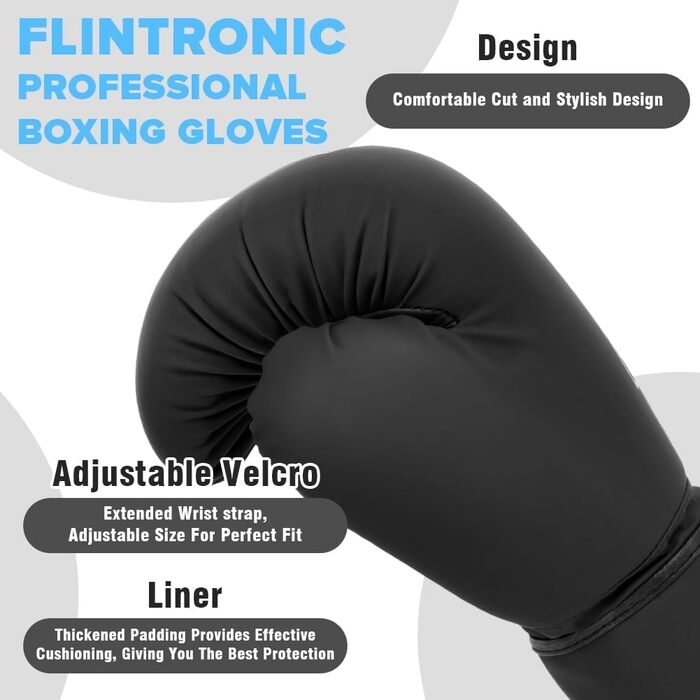 Боксерські рукавички Flintronic для боксу, кікбоксингу, муай-тай, ММА та спарингу (Чорні, 8oz)