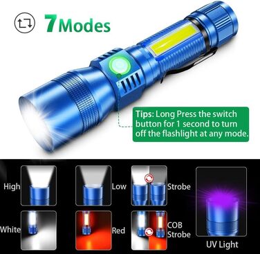 Ліхтарик Karrong LED з USB-зарядкою: Ультрафіолетовий (UV 395нм) та червоний світло, 7 режимів, магнітний корпус, акумулятор, для кемпінгу та походів (Синій, 2 шт)