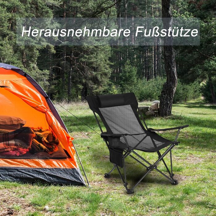 Складний стілець для кемпінгу eSituro, риболовний стілець, стілець для відпочинку на природі з підставкою для ніг та тримачем для напоїв, пляжний стілець з регульованою спинкою (Чорний)