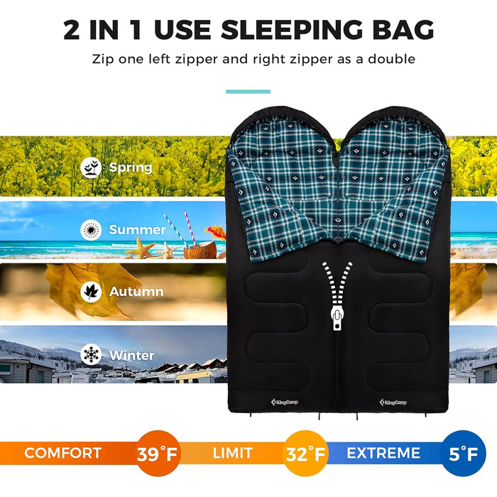 Сплячий мішок KingCamp для дорослих, для холодної погоди, великий XL, з фланелі, з компресійним мішком, водонепроникний, чорний, 230x90 см