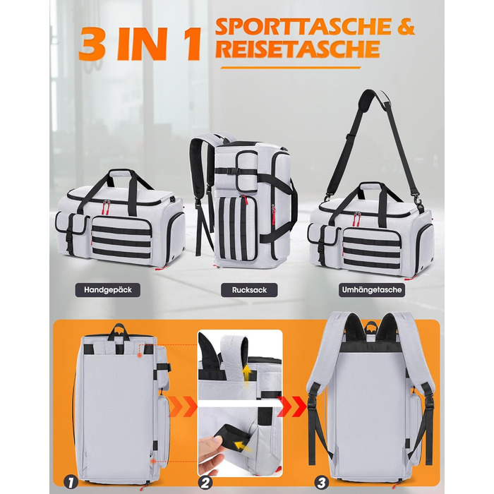 Спортивна сумка RAINSMORE 3 в 1 для чоловіків 45L: рюкзак, сумка-переноска, з відділенням для взуття, ноутбука та мокрого одягу (сіра)