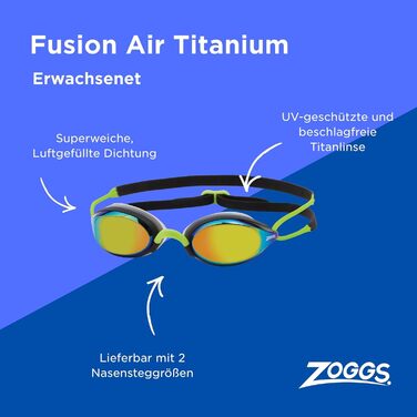 Окуляри для плавання Zoggs Fusion Air дорослі, унісекс – комфортна посадка, антизапіт, UV-захист, широке поле зору, змінний носовий місток, колір: чорний/лайм/дзеркальне золото