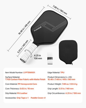 Pickleball-ракетка VEVOR з вуглецевим покриттям T700 та сотовою структурою, професійна ракетка для піклболу для дорослих, чорна