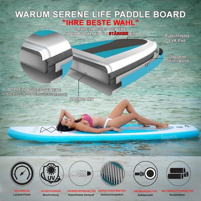 Надувна SUP-дошка SereneLife з аксесуарами для дітей і дорослих, антиковзка поверхня, насос, весло, рюкзак для перенесення, комплект для серфінгу
