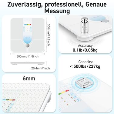 Інсмарт Розумна вага з великим дисплеєм, 227 кг/500 фунтів, аналіз складу тіла, Bluetooth, APP, 18 показників (BMI, вага, жир, м'язи, пульс), біло-помаранчевий/блакитний колір