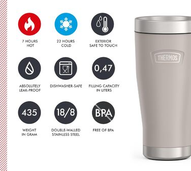 Термокружка Thermos ICON 470 мл, бежево-піщана, із нержавіючої сталі, ізольована, для кави та напоїв, зберігає тепло до 7 годин, холод до 22 годин, герметична, BPA-free, підходить для миття в посудомийній машині