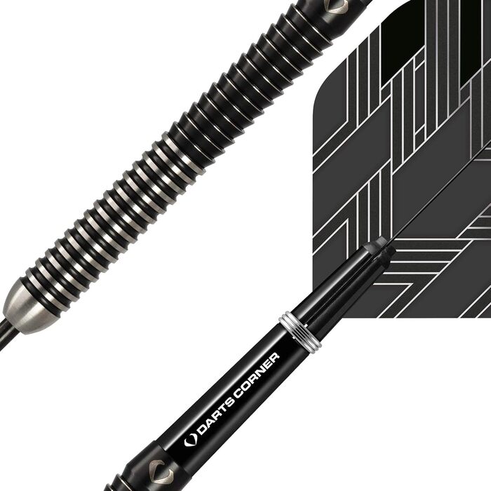 Набір дротиків Darts Corner BlackFin з високоякісного 90% вольфраму, прямий стальний стрижень, 6 оперень, 6 стрижнів, карта Checkout і футляр, 22 г, 24 г, 26 г