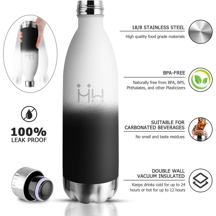 Термос-пляшка 1000 мл, ізольована фляка з нержавіючої сталі, без BPA, пляшка для води, не протікає, з подвійними стінками, для газованої води, підходить для університету, роботи, подорожей, спорту, активного відпочинку, для хлопчиків та дівчаток, темно-зе