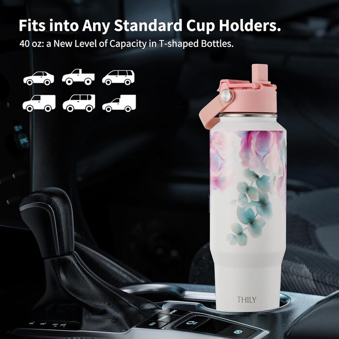 Термос THILY з нержавіючої сталі з кришкою та трубочкою, 1.2л, спортивний, двостінний, з широким горлом, зберігає напої холодними/гарячими цілий день, колір Лаванда (F40 - Рожеві Лілії, модель C: ручка на кришці + компактна основа)