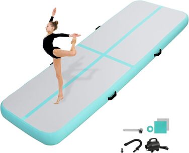 Гімнастичний надувний мат для акробатики та тренувань, 10/20 см, надувний, з насосом, 400x100x10 см, зелений