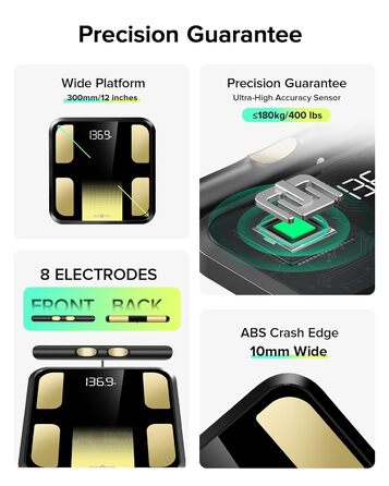 Вага RunSTAR для вимірювання жиру в тілі, персональна вага з 8 електродами, вимірювання ваги, жиру, BMI, м'язової маси та 28 параметрів тіла, додаток, 3 показники, 180 кг, чорний колір