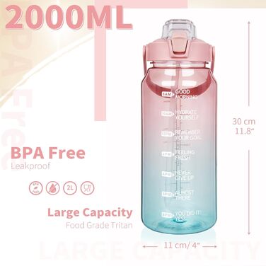 DEARRAY 2л пляшка для води Tritan з соломинкою та тайм-маркерами, BPA-free, мотиваційна, спортивна, для фітнесу, тренажерного залу, походів, прозора, рожево-бірюзова