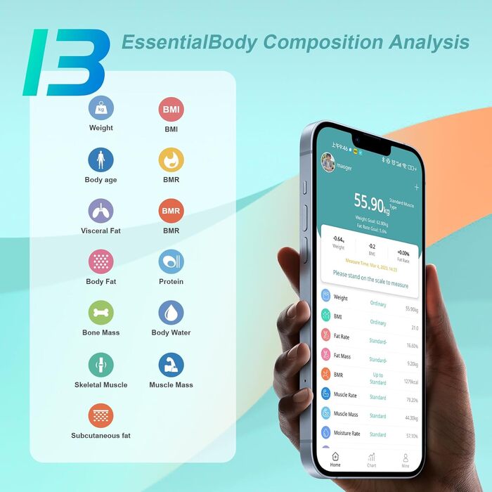 Ваги для тіла HEALTHKEEP з вимірюванням жиру та м'язів, цифровий дисплей, чорний мармур, 260 кг