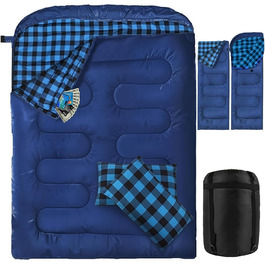 Спальний мішок для двох осіб з флянелі, 220 x 160 см, з двома блискавками, 2 подушки та сумка для перенесення, для дорослих, блакитний