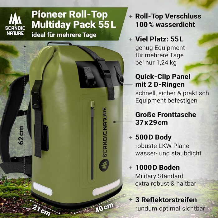 Водонепроникний рюкзак Scandic Nature Pioneer з ролтоп закриттям 35L/55L, чорний, жовтий, оливково-зелений - надміцний завдяки дну з 1000D PVC тканини, водонепроникний чохол для телефону IPX8, 35 літрів