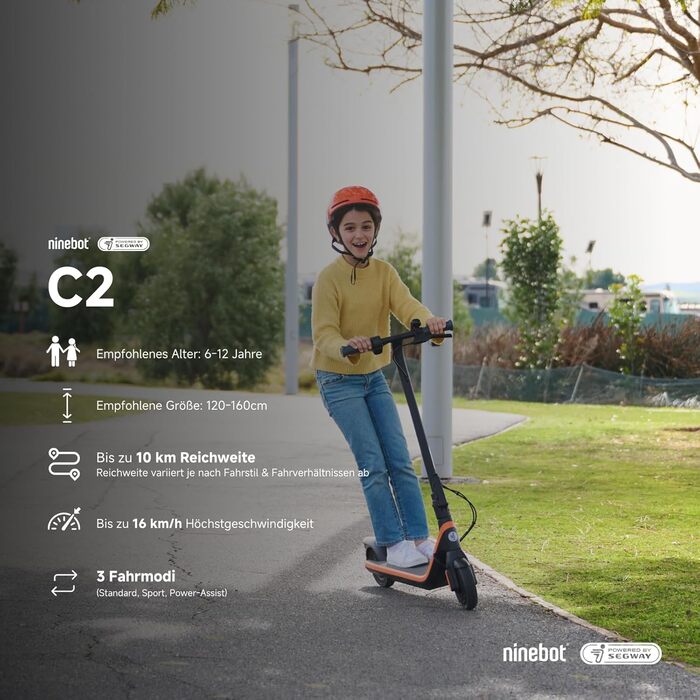 Дитячий електросамокат Segway-Ninebot C2 E, для дітей 6-12 років, до 16 км/год, 7-дюймові колеса, LED-підсвітка, складаний, чорний