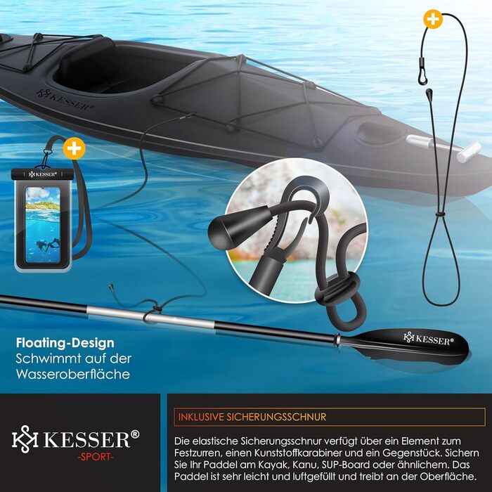 Весло KESSER® з подвійним лезом (4 частини) для каяка, SUP, станд-ап паділбордингу. Алюмінієве весло 228 см, ідеально для човна, веслування. В комплекті: страховий шнур, чохол для телефону, чорний човен.