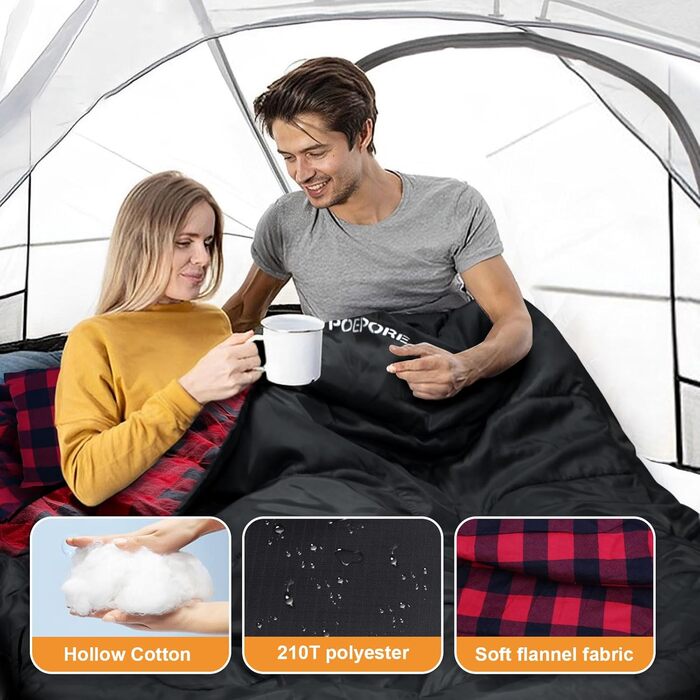 Спальний мішок для двох дорослих з флісу, зимовий, з подушками та сумкою для перенесення, 233*157 см, червоний