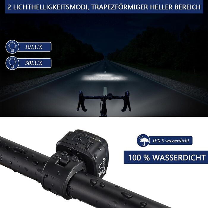 Набір LED-фаро для велосипеда, сертифікований StVZO, 600mAh, зарядка Type-C, передній + задній ліхтар, водонепроникність IPX5